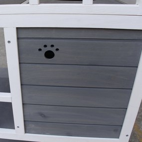 PawHut Domek dla Kota 4-poziomowy z Toaletą, Balkon, Dach Asfaltowy, Drewno, Szary, 78 x 76 x 140 cm