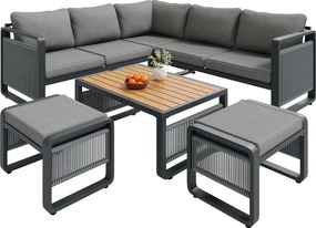 Salon ogrodowy, zestaw mebli na 6-7 osób - lin - kanapa narożna - z żelaza ocynkowanego - stolik kawowy - 2 taborety, Szary