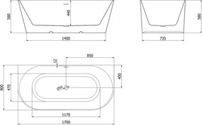 Mexen Oval Slim wanna wolnostojąca przyścienna 170 x 80 cm, biała, przelew złoty - 52661708000-50