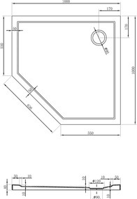 Mexen Flow brodzik pięciokątny slim 100 x 100 cm, biały połysk - 46P101010