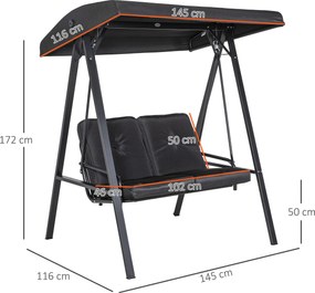 Outsunny Huśtawka Hollywood, 2-osobowa Ogrodowa z Regulowanym Dachem, do 220 kg, 145 x 116 x 172 cm, Czarna