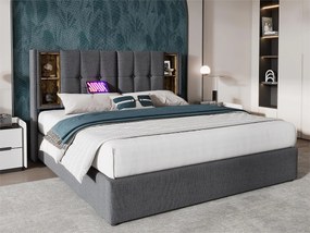 Łóżko z tapicerowanym stelażem 160x200 cm - z ładowaniem bezprzewodowym i schowkiem - materiał bawełniany - Szary