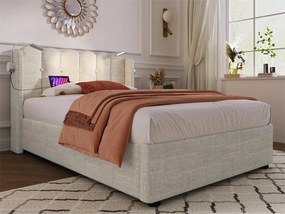 Łóżko tapicerowane z LED i portami USB - 90x200cm - tkanina lniana - z stelażem na listwach - Beżowe