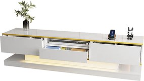 Nowoczesny stojak pod TV - 180 x 38 x 45 cm - z 3 szufladami - wykończenie na wysoki połysk + diody LED - płyta wiórowa - biały