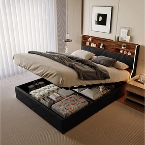 Łóżko 140x200 cm z pojemnikiem, zagłówkiem, portami USB/Type-C i oświetleniem LED RGB – czarny poliuretan i jasny dąb