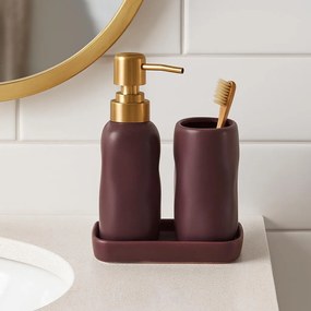 Zestaw łazienkowy EON, ceramiczny dozownik ze złotą pompką, kubek i taca