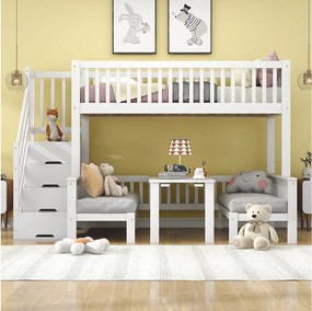Łóżko piętrowe dla dzieci - 90 x 200 + 120 x 200 cm - ze stołem regulowanym + drabinką - sosna + płyta MDF - białe