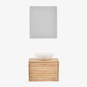 Zestaw Wiszących Mebli Łazienkowych 60x45 Cm Z Drewna Deleyna Naturalna & Cement Okrągły Biały Ø40 Cm Zavion & Prostokątna Lampa Led I Przeciwmgielna