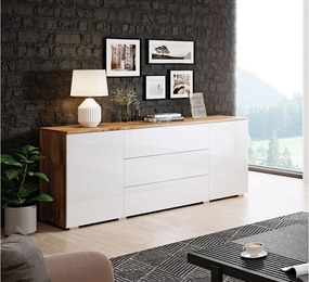 Komoda 150 cm do salonu – nowoczesna komoda z szufladami i szafkami, korpus wotan mat i fronty biały połysk