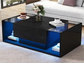 Stolik kawowy wysokopołyskujący 100x50x31 cm - 1 szuflada - z oświetleniem LED - Szkło hartowane - Czarny