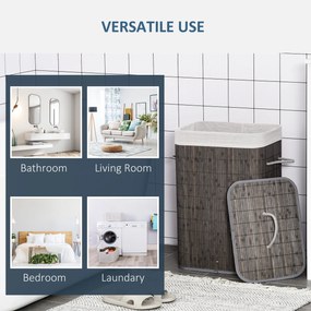 HOMCOM Kosz na bieliznę z uchwytami i pralnym workiem, Rattan, Poliester, Bawełna, Metal, 43L x 32S x 61W cm, Szary
