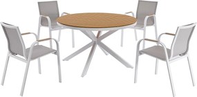 Aluminiowy zestaw ogrodowy: okrągły stół o średnicy 125 cm i 4 fotele - Biały i jasny naturalny - ZEYVA od MYLIA