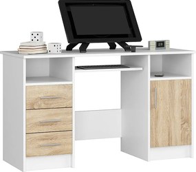 Biurko AKORD ANA Białe 124 cm biurko komputerowe 1 drzwi 3 szuflady kolor Dąb Sonoma mat 5 półek 124x52x74 cm
