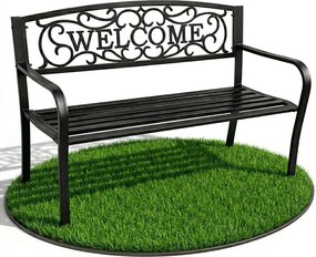 Czarna ławka ogrodowa IRYS ze stalowymi nogami i żeliwnym oparciem szerokość 127 cm