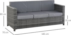 Outsunny Sofa Ogrodowa 3-osobowa z Technorattanu z Poduszkami Metal Poliester Szary | Aosom PL
