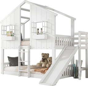 Łóżko piętrowe z litego drewna z drabinką i zjeżdżalnią - 90x200 cm - Białe
