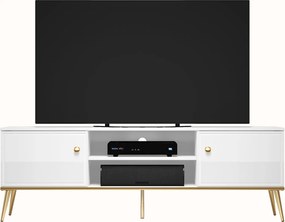 Szafka RTV 160 cm Goldin 06, biały połysk / złoty