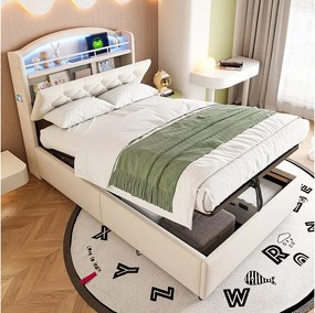 Łóżko dziecięce z pojemnikiem na pościel - 90 x 200 cm - LED + Zagłówek z USB - Aksamit - beż