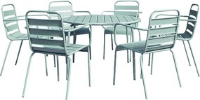 Zestaw mebli jadalnianych ogrodowych z metalu - okrągły stół o śr. 130 cm i 6 sztaplowanych foteli - Migdałowa zieleń - MIRMANDE marki MYLIA