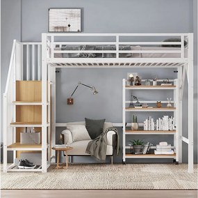 Łóżko piętrowe metalowe 90x200 cm z 4-poziomową półką na kółkach, barierką zabezpieczającą, szafą narożną z drążkiem na wieszaki, kolor biały i naturalny