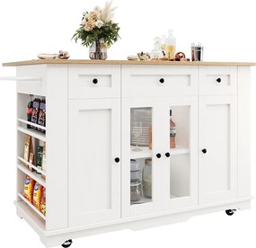 Mobilna wyspa kuchenna z 4 drzwiami, 3 szufladami i półkami bocznymi - Rozkładany blat - 151,5x60(85)x91,7 cm - MDF + szkło - Biały