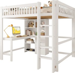 Łóżko na antresoli 140x200 cm - liczne schowki - z drabiną + biurkiem - z 3 szufladami - biały (materac nie jest dołączony)