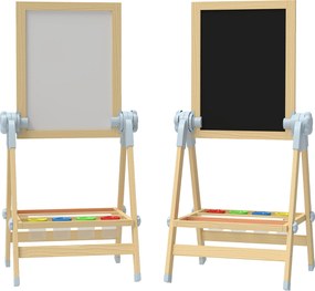 AIYAPLAY Dziecięca sztaluga z drewna, dwustronna tablica suchościeralna i kredowa, regulowana wysokość, stojąca tablica z rolką papieru, półką, naturalny | Aosom PL