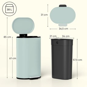 HOMCOM Kosz na śmieci kuchenny 30 l kosz na pedał z pokrywą soft-close, metalowy pedał, zielony, 36,5 x 31 x 61 cm | Aosom PL
