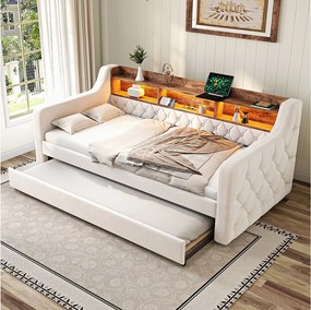 Sofa rozkładana z wysuwanym łóżkiem - 2 x 90 x 190 cm - z półką do przechowywania + diody LED + USB - welur - beżowa