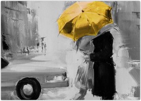 Obraz - Zakochana para pod parasolem, żółty (70x50 cm)
