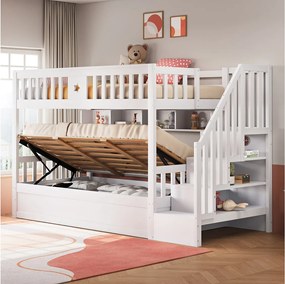 Łóżko piętrowe młodzieżowe - 90 x 200 cm - schowek hydrauliczny + schody do przechowywania + półki - drewno - białe