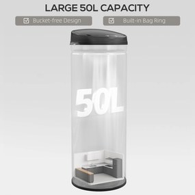 HOMCOM Kosz na śmieci 50 litrów z funkcją Soft-Close, bezdotykowy kosz ze stali nierdzewnej do higienicznych kuchni, biur, srebrny