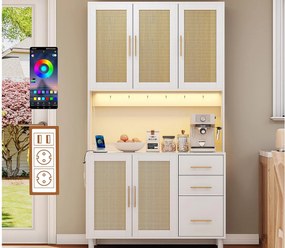 Kredens kuchenny 100×40×183 cm - z USB i gniazdkiem - z oświetleniem LED - 5 drzwi i 3 szuflady - biały+naturalny