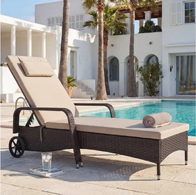 Leżak z polirattanowy Cesena,  brązowy, poduszka beżowa