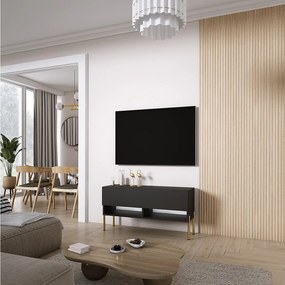 Szafka pod telewizor 100 cm Czarny Mat, nóżki proste złote, LED biały, 100 × 32 × 52 cm
