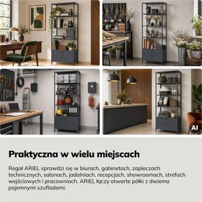 Regał z szufladami do biura, na segregatory i dokumenty, otwarte półki, metalowy, antracytowy, 800x2200x400 mm: ARIEL