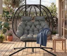 Podwójny Wiszący Fotel Jajo z Uchwytem - Huśtawka Ogrodowa z Regulowanym Podnóżkiem, Grubą Poduszką i Podgłowiem - Wewnętrzny/Zewnętrzny - Szary