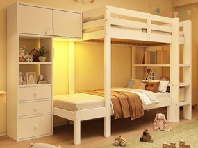 Łóżko piętrowe 90x200cm - z inteligentnym nocnym oświetleniem LED - z szafą i 3 szufladami - z półkami - Drewno lite + MDF - Biały