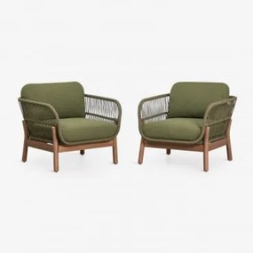 Zestaw 2 Foteli Z Drewna Akacjowego I Plecionej Liny Karvia Akacja Brąz & Bouclé Salvia Zieleń - Sklum