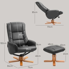 HOMCOM Fotel Wypoczynkowy z Podnóżkiem, Funkcja Leżenia, Pokrycie ze Skóry Ekologicznej, do 150 kg, 71 x 84 x 102 cm, Czarny