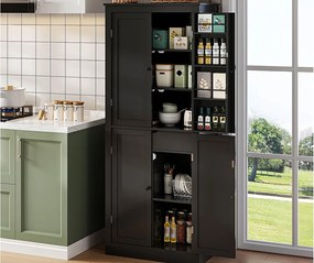 Kredens kuchenny 75x40x180cm - 2 drzwi szafkowe z półkami - 1 szuflada i przegródka do przechowywania - Czarny