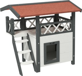 PawHut Domek dla kotów, Chatka dla zwierząt, Dach asfaltowy, 2 Poziomy, 1 Schodek, Biało-Czerwony