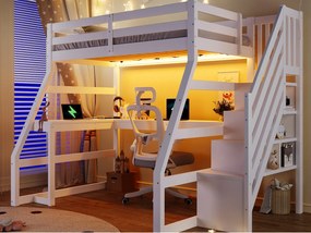 Łóżko piętrowe wysokie z drewna 90x200 cm - z biurkiem i schodami do przechowywania - LED i port USB - MDF - Biały (materac nie w zestawie)