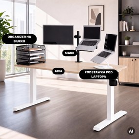 Biurko elektryczne z regulacją wysokości ergonomiczne białe/dąb sonoma,1400x700 mm: ARIA