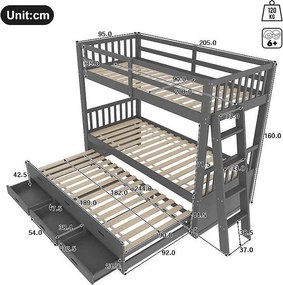 Łóżko piętrowe 90x200cm - z łóżkiem wysuwanym i 3 szufladami - z litego drewna sosnowego i MDF - Szary