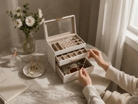 Szkatułka na biżuterię ELEGANT CASE 25,1x21,5x15,3 cm z eko skóry, beżowa