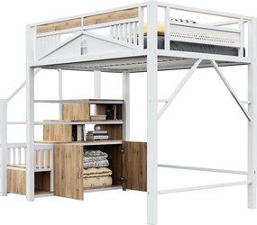 Łóżko piętrowe - 140 x 200 cm - wymienna drabinka z miejscem do przechowywania - drewno + metal - białe