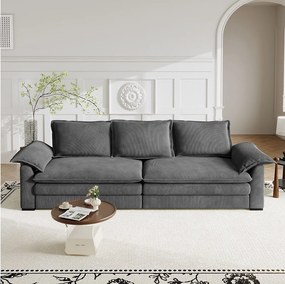 Sofa 3-osobowa w welurze żebrowanym, z 2 poduszkami na podłokietniki, zdejmowanymi i nadającymi się do prania, 265x86x88cm, Szary