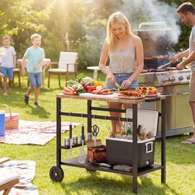 Outsunny Wózek kuchenny na kółkach, stolik serwisowy z haczykami, uchwyt na napoje, metalowy, 97 x 51 x 83 cm Czarny+Brązowy | Aosom PL