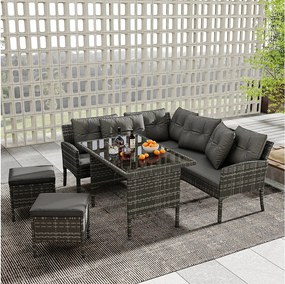 Zestaw mebli ogrodowych modułowych 7-osobowych z rattanu PE: 1 narożnik 5-osobowy + 2 fotele + 1 stół prostokątny - Szary